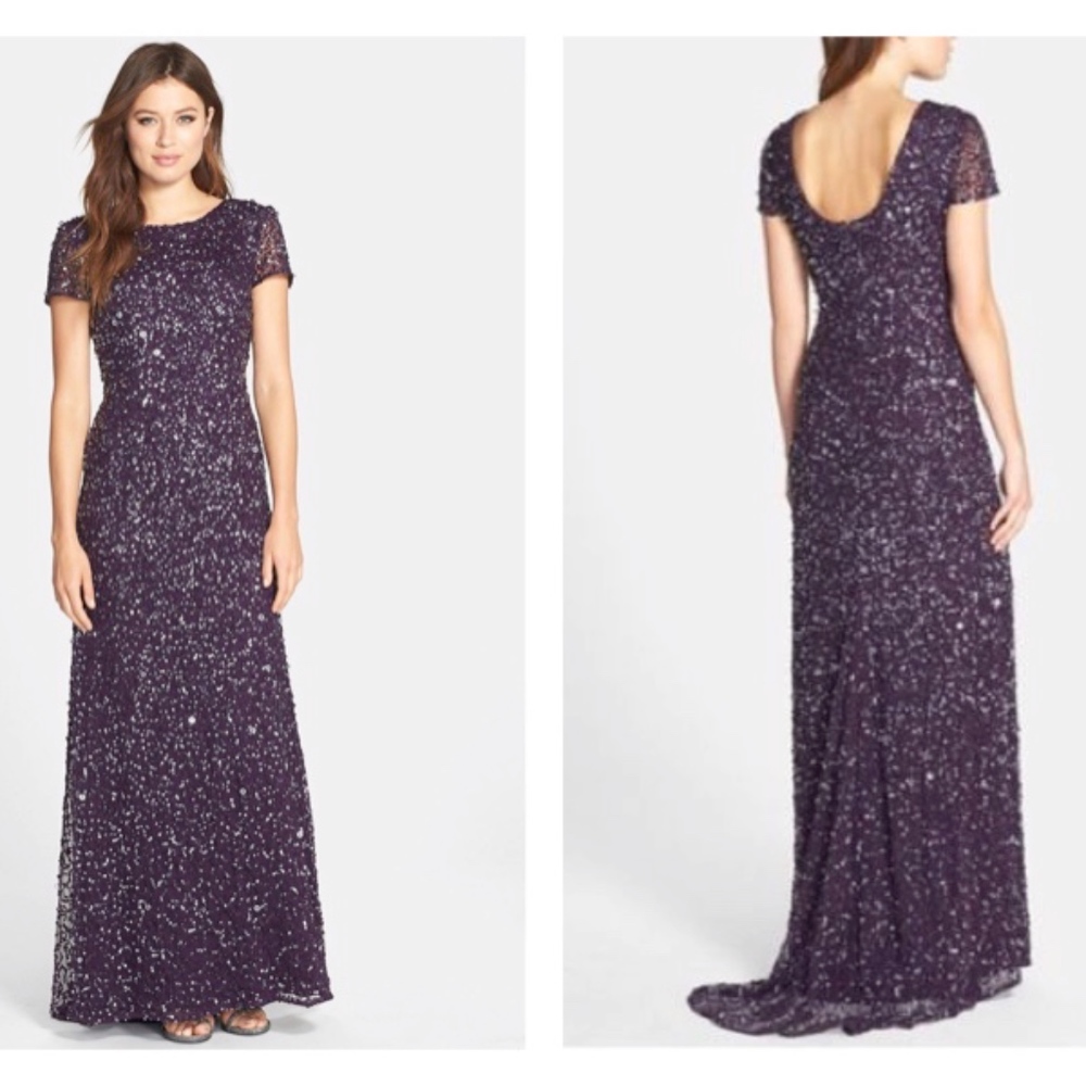 SOLD - Adrianna Papell Short Sleeve Sequin Mesh Gown 10